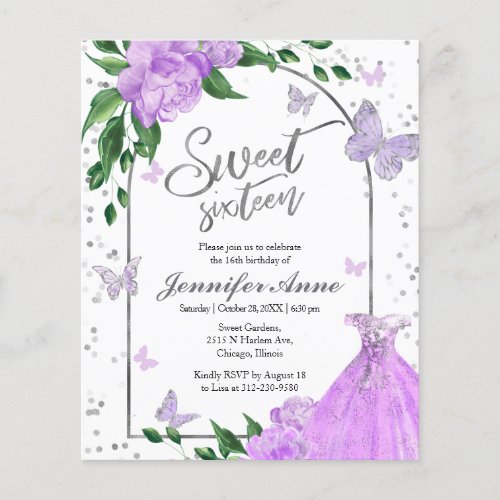 Sweet 16 Butterflys Lavender Budget Invitation
