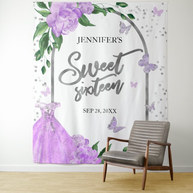 Sweet 16 Butterflys Lavender Gown Backdrop (In Situ)