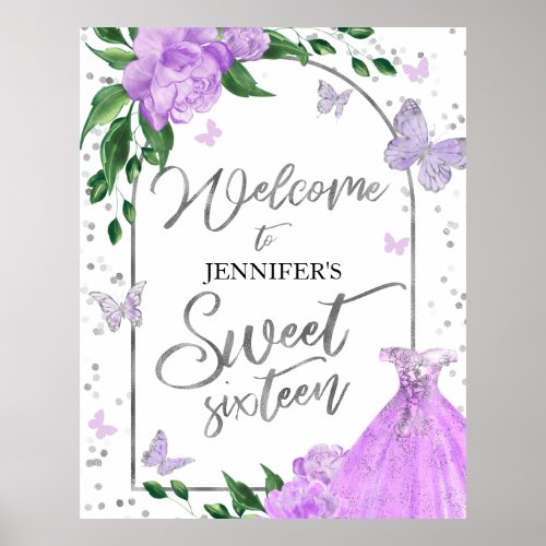 Sweet 16 Butterflys Lavender Gown Welcome Sign