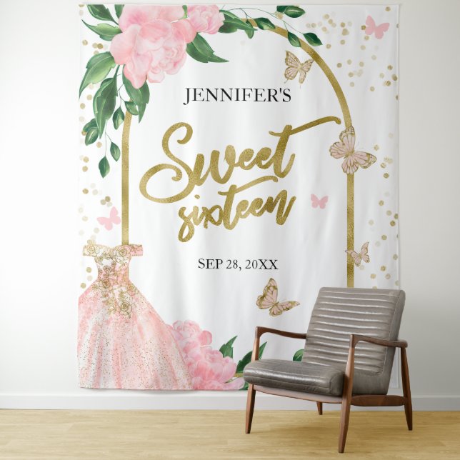 Sweet 16 Butterflys Pink Blush Gown Backdrop (In Situ)