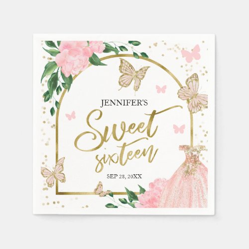 Sweet 16 Butterflys Pink Blush Gown Napkins