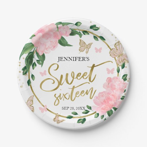 Sweet 16 Butterflys Pink Blush Gown Paper Plates