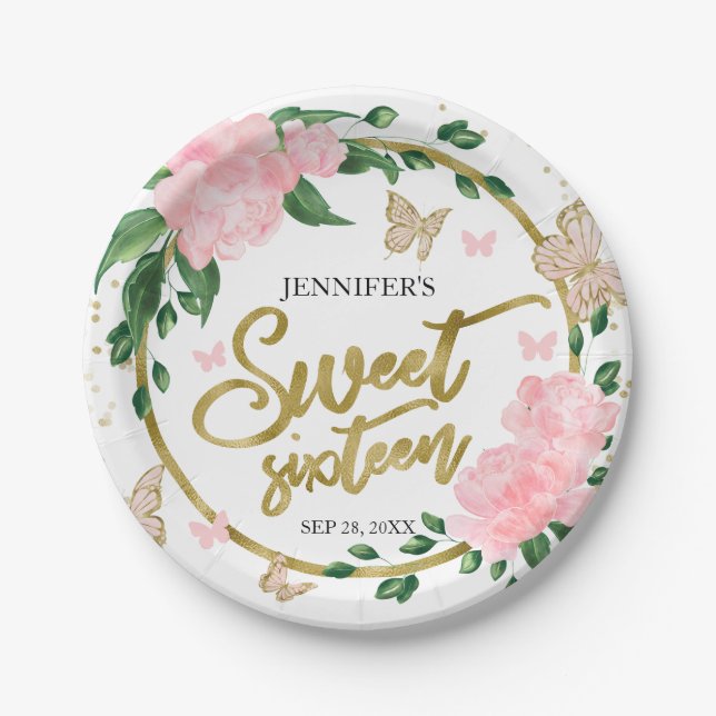Sweet 16 Butterflys Pink Blush Gown Paper Plates (Front)