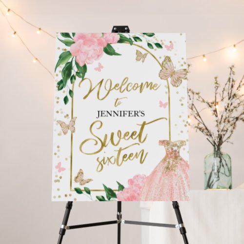 Sweet 16 Butterflys Pink Blush Gown Welcome Sign