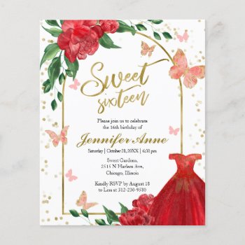 Sweet 16 Butterflys Red Budget Invitation by LitleStarPaper at Zazzle