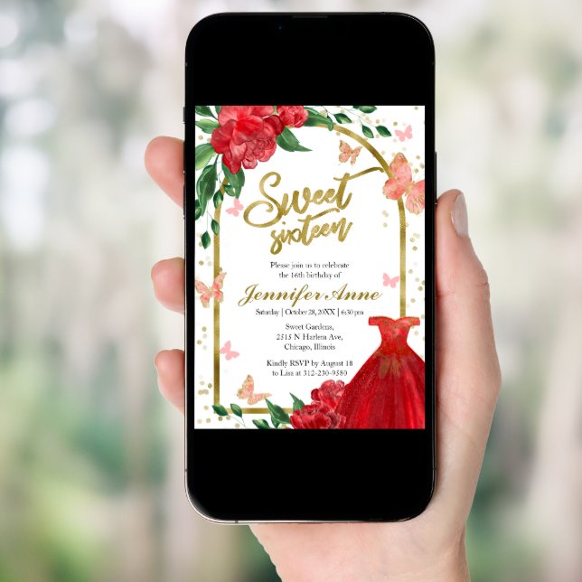 Sweet 16 Butterflys Red Gown Invitation (Front Digital)