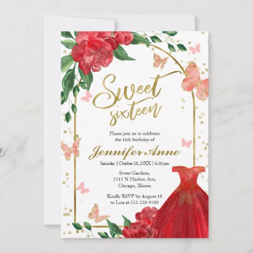 Sweet 16 Butterflys Red Gown Invitation