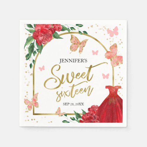 Sweet 16 Butterflys Red Green Gown Napkins