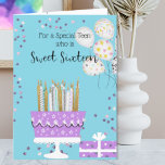 Sweet 16 Cake and Candles Birthday  Card<br><div class="desc">Birthday card personalized for a special teen who is Sweet Sixteen. Cute retro style pedestal cake design with matching gift, balloons and glitter look faux confetti. Created in a sweet color palette of aqua, lavender, gold, white and black. Look for all the other mix and match items in this design...</div>