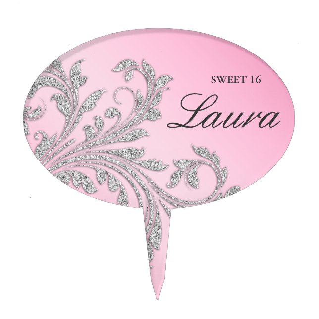 Sweet 16 Cake Topper Silver Leaf Swirl Pink (Front)