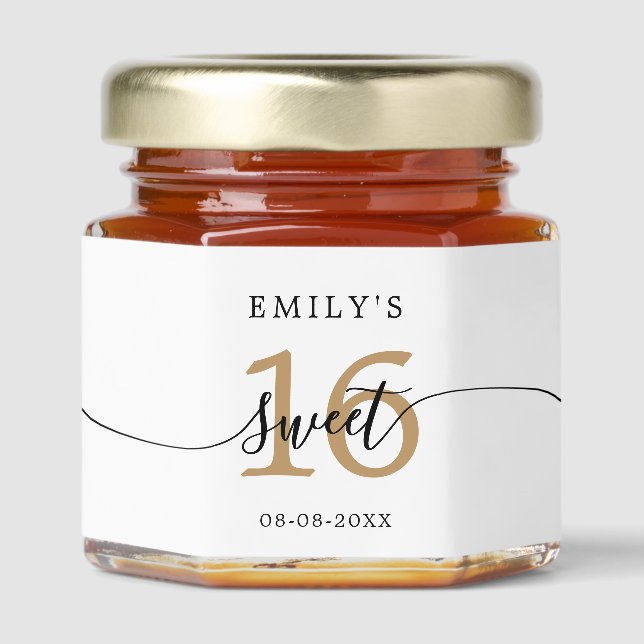 Sweet 16 Calligraphy Gold 16 Custom Name Honey Jar Favors (Front)