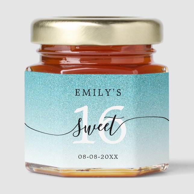 Sweet 16 Calligraphy Name Blue Glitter Ombre Honey Jar Favors (Front)