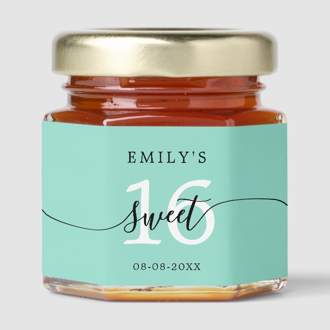 Sweet 16 Calligraphy Name Bright Blue Honey Jar Favors (Front)