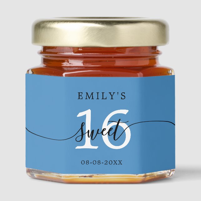 Sweet 16 Calligraphy Name Bright Blue Honey Jar Favors (Front)