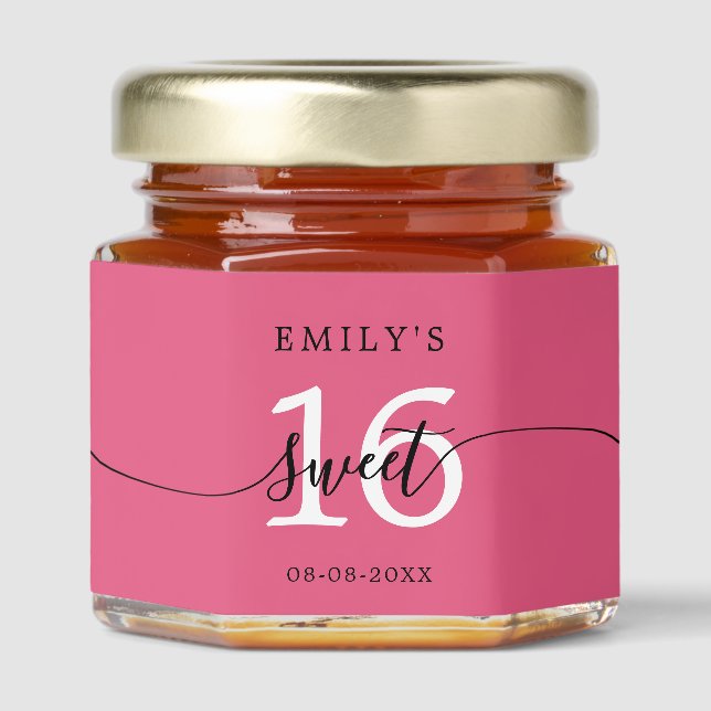 Sweet 16 Calligraphy Name Hot Pink  Honey Jar Favors (Front)