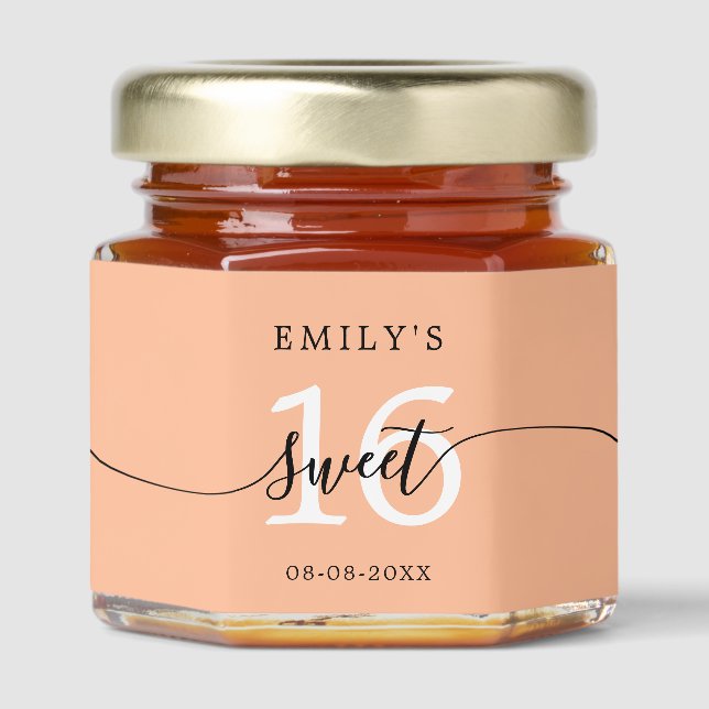 Sweet 16 Calligraphy Name Peach Fuzz Honey Jar Favors (Front)