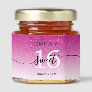 Sweet 16 Calligraphy Name Pink Glitter Ombre Honey Jar Favors
