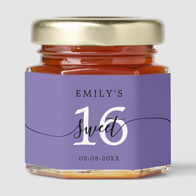Sweet 16 Calligraphy Name Purple Honey Jar Favors (Front)
