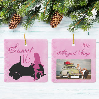Sweet 16 Car Personalized Photo Pink Christmas Ceramic Ornament