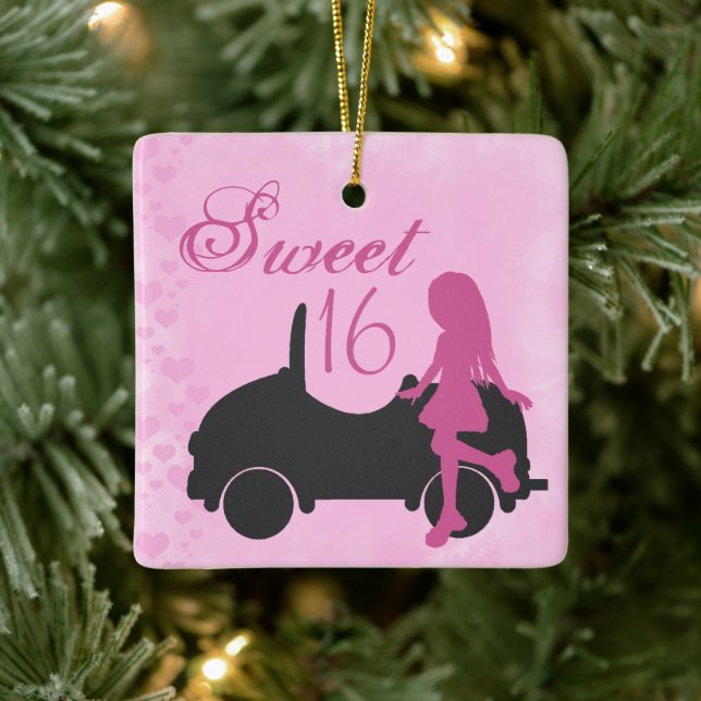 Sweet 16 Car Personalized Pink Black Sweet Sixteen Ceramic Ornament (Tree)