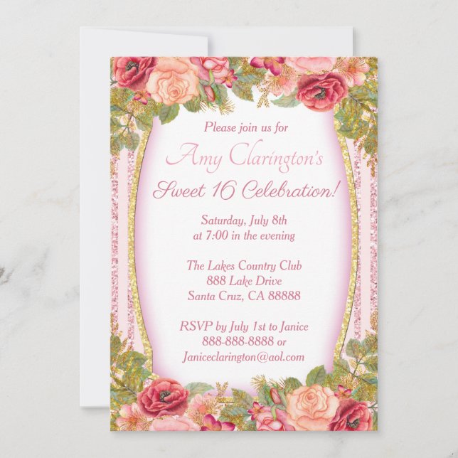 Sweet 16 Card Pink Floral Gold Glitter (Front)