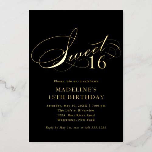 Sweet 16 Celebration Confetti Black Gold Foil Invitation