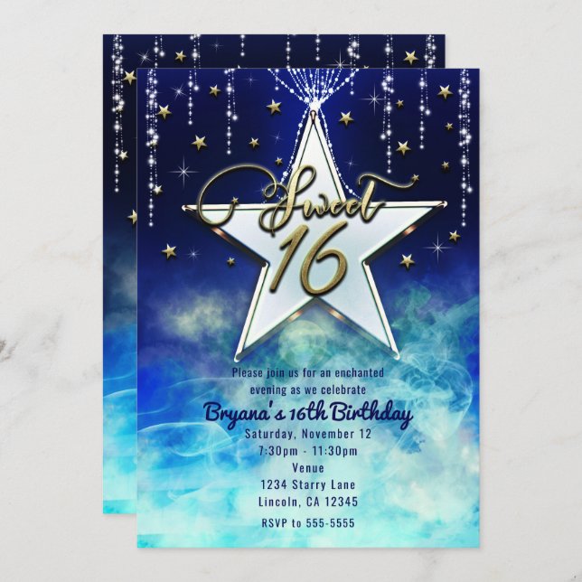 Sweet 16 Celestial Clouds & Gold Stars Party Invitation (Front/Back)