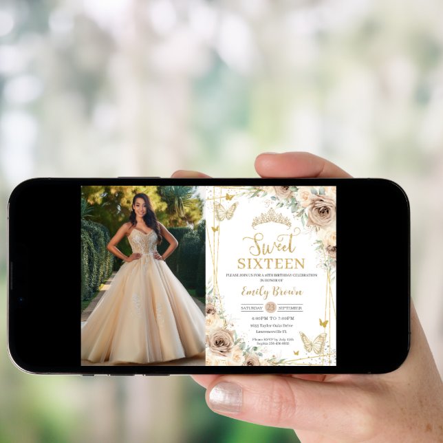 Sweet 16 Champagne Brown Floral Butterflies Photo Invitation (Front Digital)