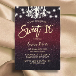 Sweet 16 Chandelier Modern Burgundy Red Glitter Invitation