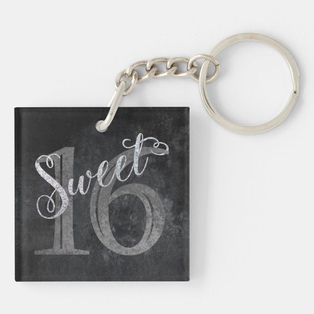 Sweet 16 Charcoal Gray and Silver Keepsake Keychain (Back)