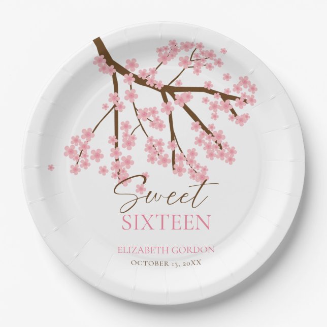 Sweet 16 Cherry Blossoms Birthday Spring Floral Paper Plates (Front)