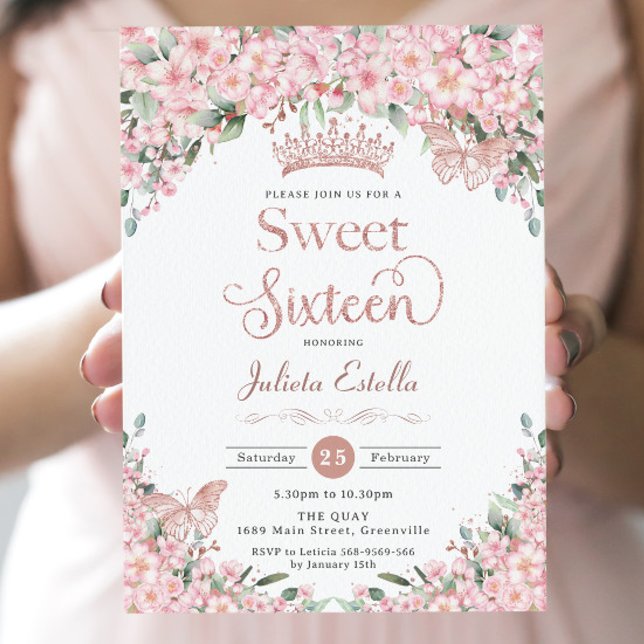 Sweet 16 Cherry Blossoms Rose Gold Butterflies Invitation (Creator Uploaded)
