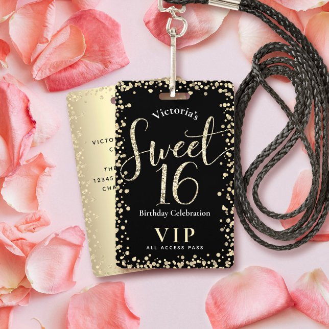Sweet 16 Chic Black Gold Glitter Birthday VIP Pass Badge (Creator Uploaded)
