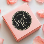 Sweet 16 Chic Black Gold Glitter Confetti Birthday Classic Round Sticker<br><div class="desc">“Happy Sweet 16”. Celebrate her birthday with this fun, stunning, simple, personalized round sticker. Gold glitter script typography and confetti overlay a black background. Personalize the custom text with your daughter’s name. Great for the budding fashionista who loves modern glitter and glam and guaranteed to add stylish fun to her...</div>