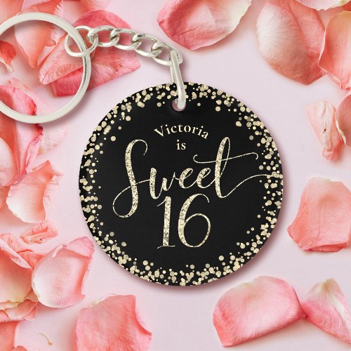 Sweet 16 Chic Black Gold Glitter Confetti Birthday Keychain