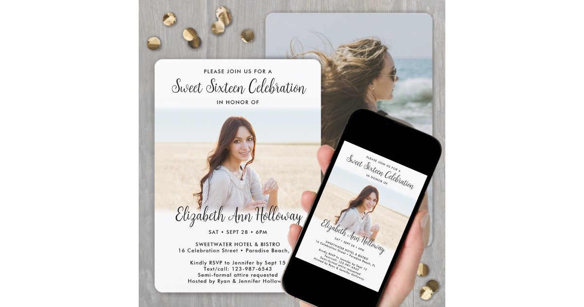 Sweet 16 Chic Modern Script 2 Photo Birthday Party Invitation | Zazzle