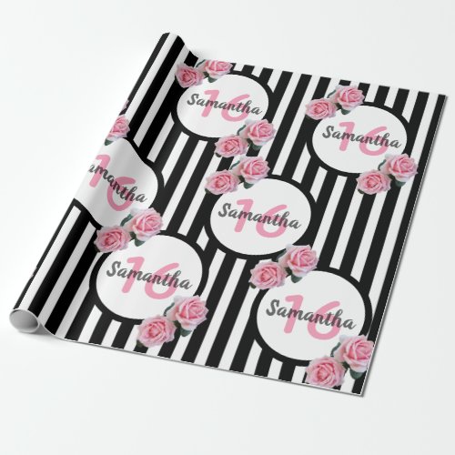 Sweet 16 chic pink roses black white stripes wrapping paper
