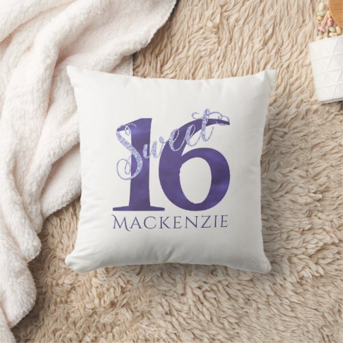 Sweet 16  Chic Purple Watercolor Script Name Throw Pillow