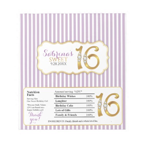 Sweet 16 Chocolate Candy Bar Wrappers_Gold Numbers Notepad