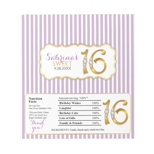 Sweet 16 Chocolate Candy Bar Wrappers-Gold Numbers Notepad (Front)