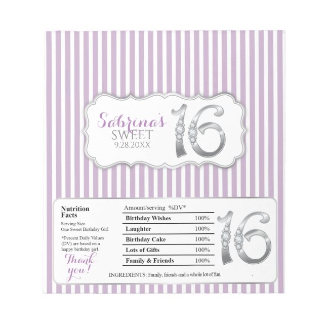Sweet 16 Chocolate Candy Bar Wrappers Notepad (Front)