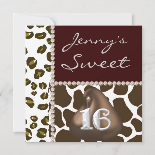 SWEET 16 Chocolate Kisses  Animal Print Party Inv Invitation