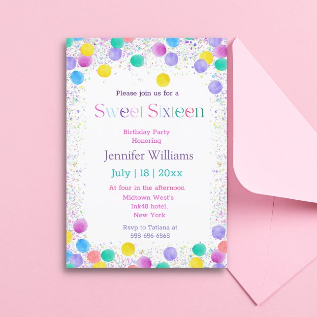sweet 16 colorful rainbow dots sparkles fun script invitation (Creator Uploaded)