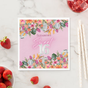 Sweet 16 Colorful Tropical Flowers Disco Birthday Napkins