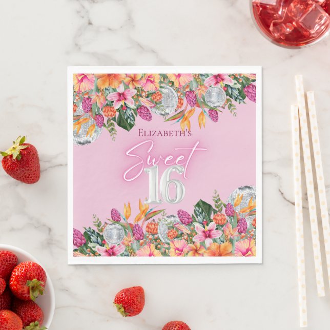 Sweet 16 Colorful Tropical Flowers Disco Birthday Napkins (Insitu)
