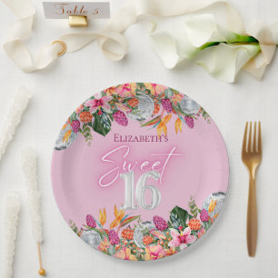 Sweet 16 Colorful Tropical Flowers Disco Birthday Paper Plates