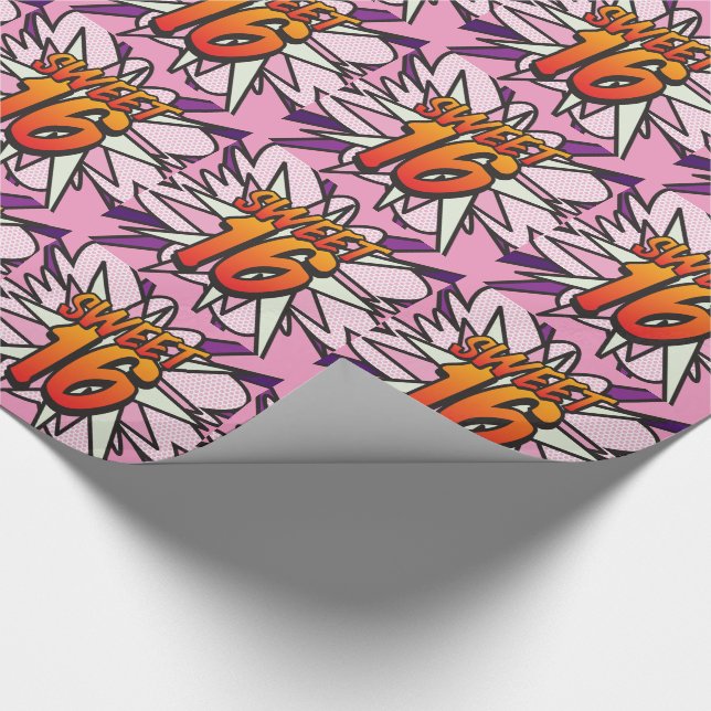 SWEET 16 Comic Book Pop Art Pink Wrapping Paper (Corner)