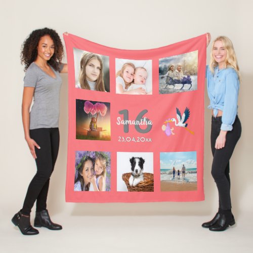 Sweet 16 coral name photo collage fleece blanket