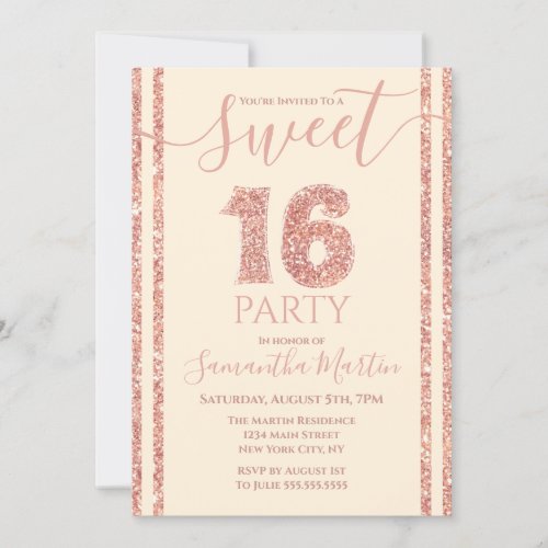 Sweet 16 Coral Pink Faux Glitter Striped Birthday Invitation