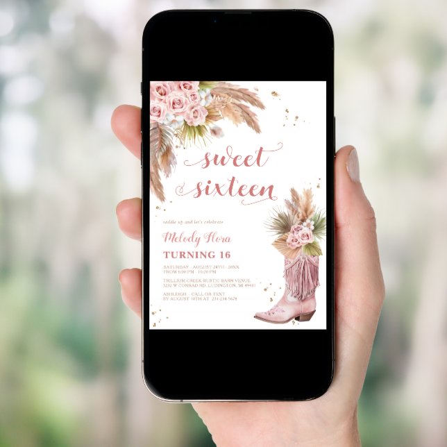 Sweet 16 Cowgirl Boot Pampas Grass Roses Birthday Invitation (Front Digital)
